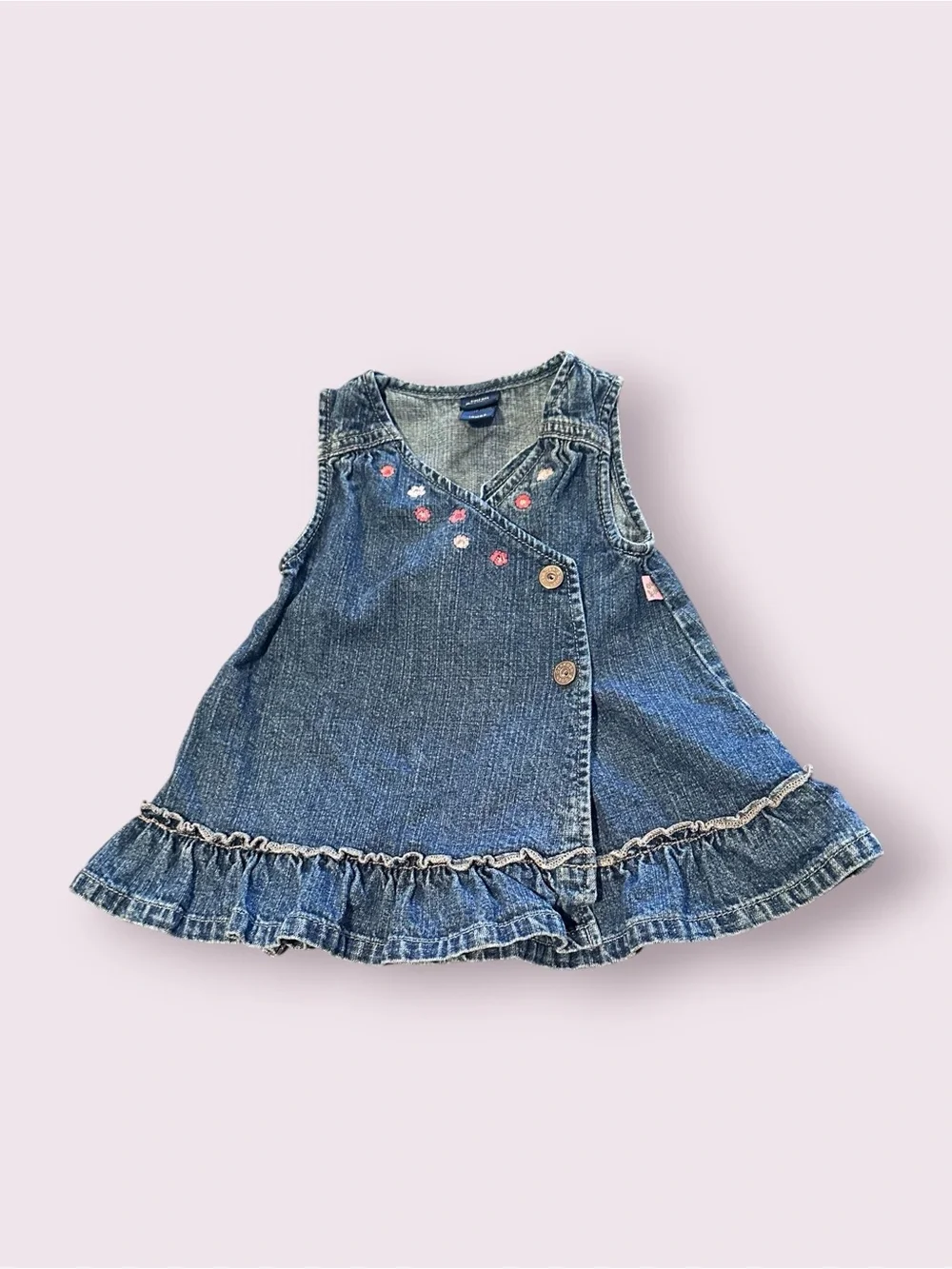 Vintage OshKosh B'gosh Denim Wrap Dress Floral Embroidery Size 12 Months